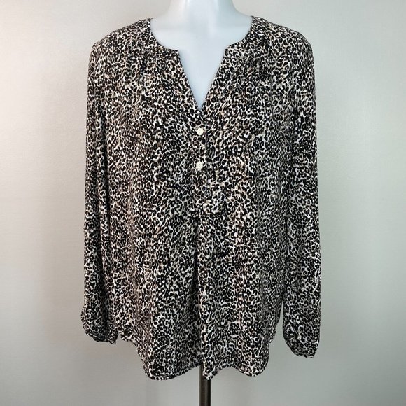 Old Navy Tops - Old Navy Top Medium Leopard Brown Black Long Sleeve Popover Blouse Women's